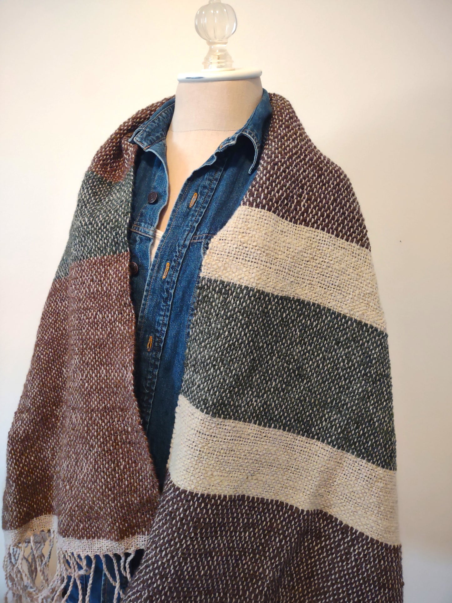 Handwoven, Handspun wool wrap; rustic browns and green