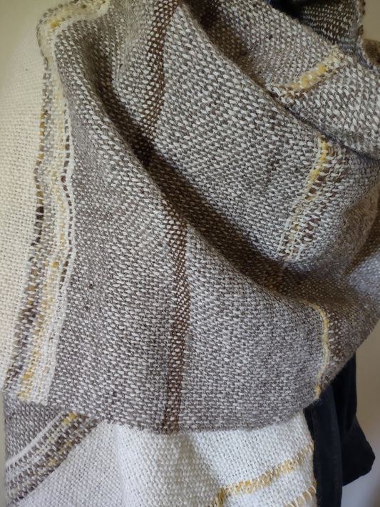 Handwoven shawl with handspun wool yarn: natural tones and a hint of honey yellow