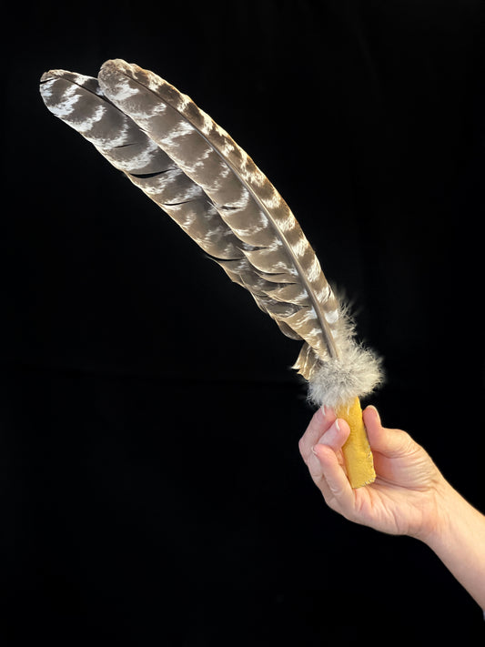 Hand crafted feather fan for ritual work, smudging, smoke clearing and healing; beautiful Turkey wing feathers, deer hide and fur