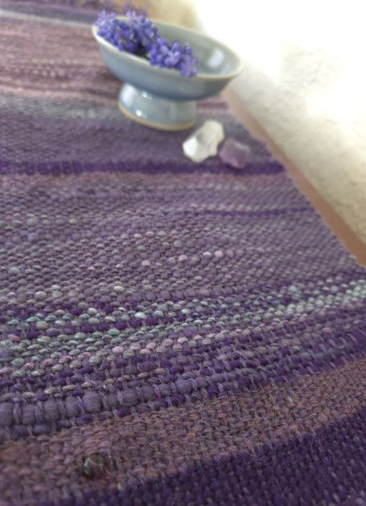 Altar cloth in shades of lavender wool handspun with silk and stone bead