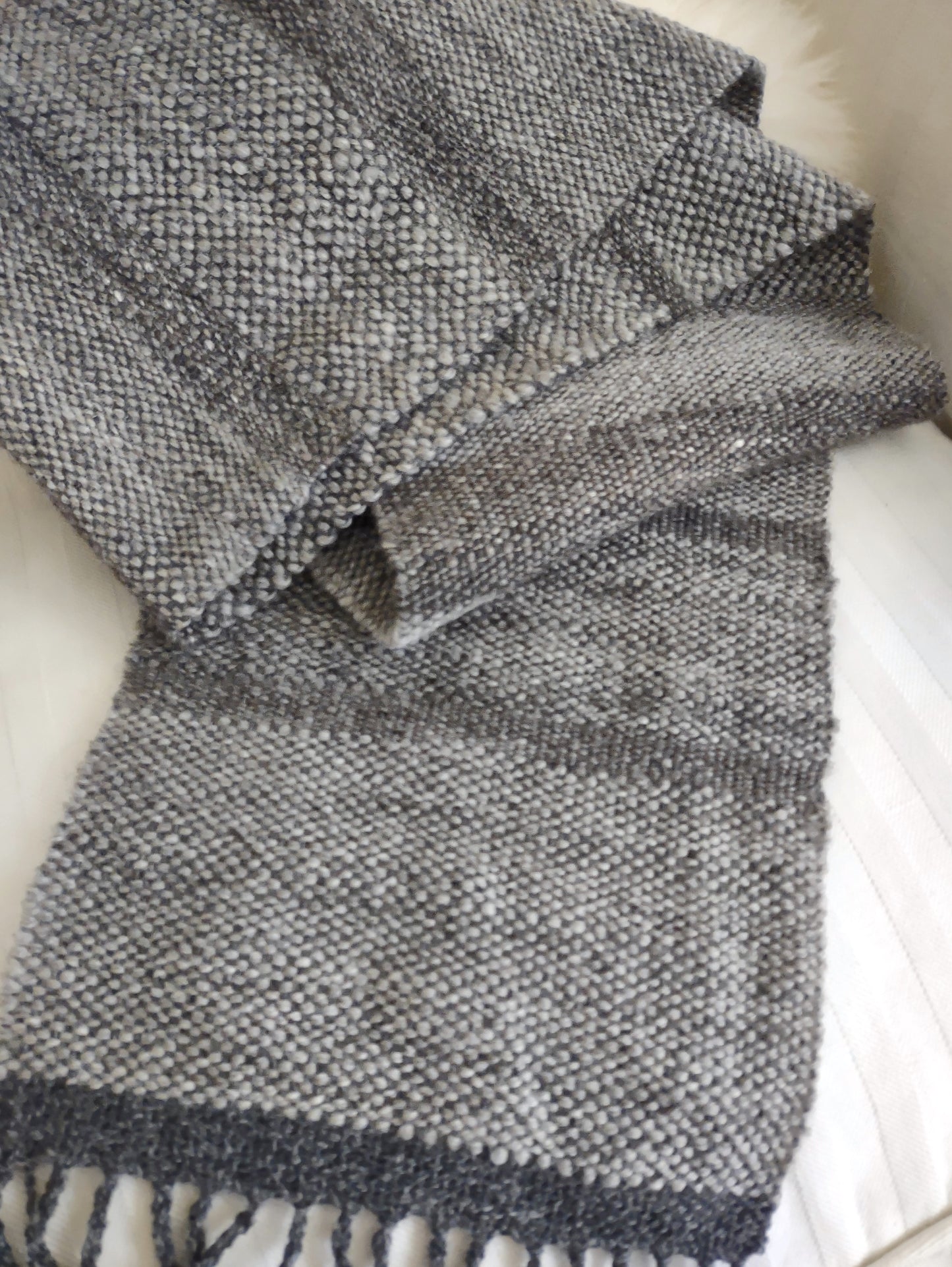 Handwoven scarf featuring handspun Merino wool with a bit of silk