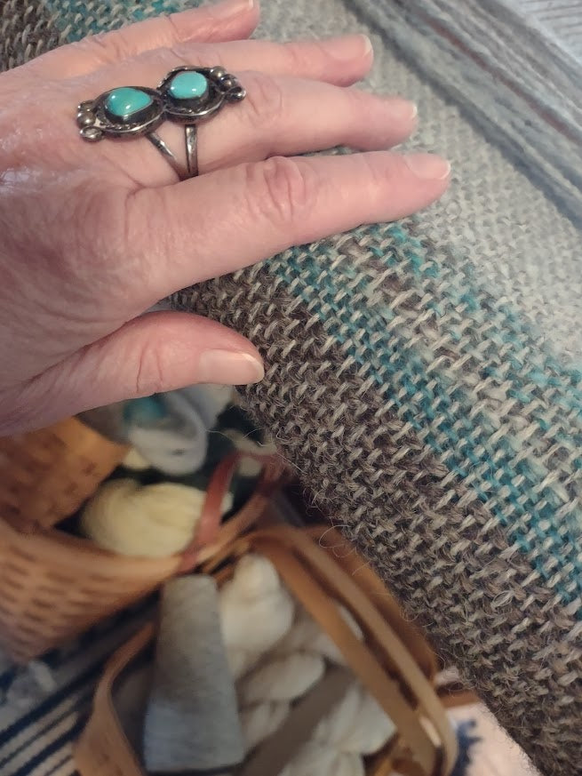 Handweaving with handspun wool, silver and turquoise