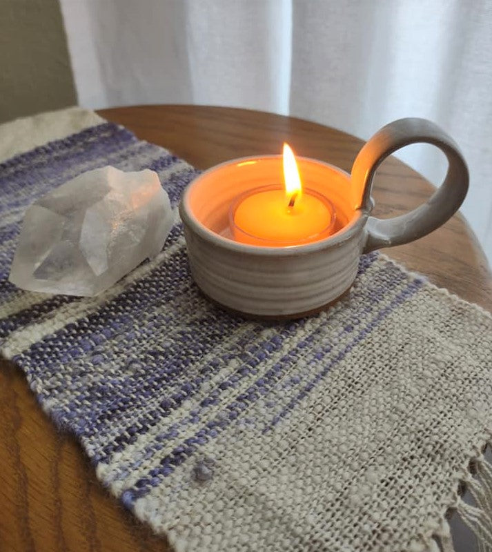 Woven altar cloth, crystal and candle holder by Flowering Moon and Gravesco 
