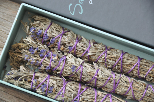 Box of three smudge bundles, Mountain Sage with lavender, sustainably wildcrafted, fragrant and purifying