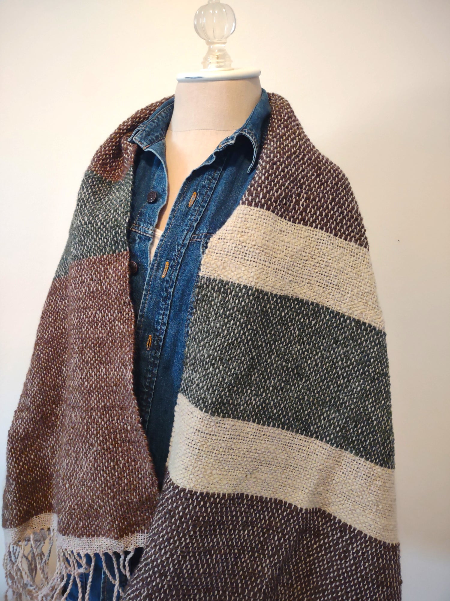 Handwoven, Handspun wool wrap; rustic browns and green