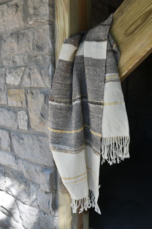 Handwoven shawl with handspun wool cream, oatmeal, gold, natural