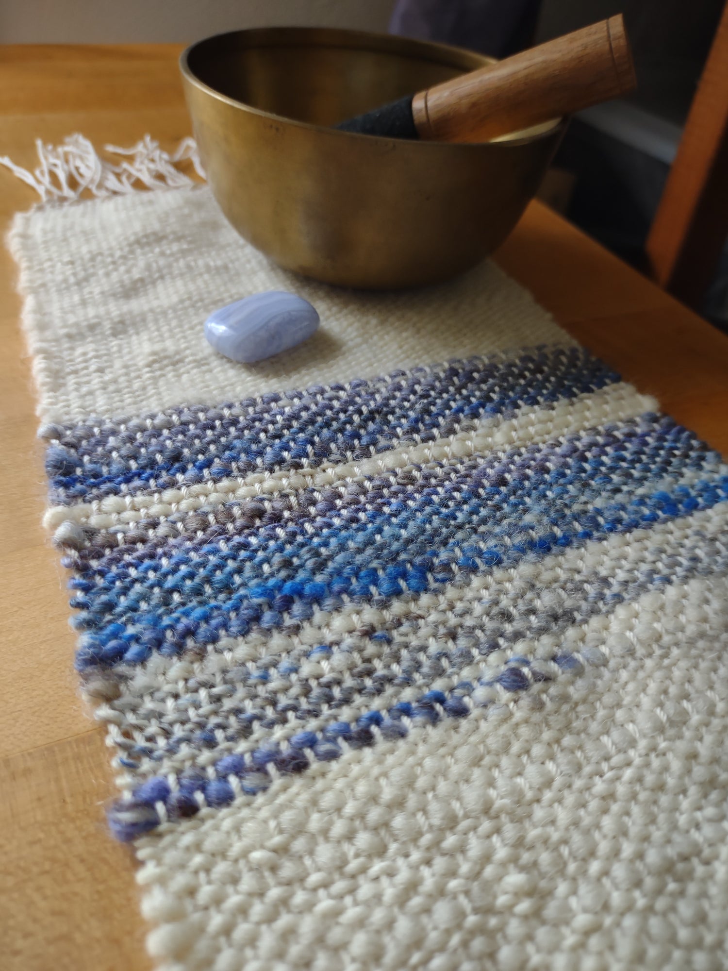 Handwoven altar cloth with handspun wool, cream, blue, lavender 