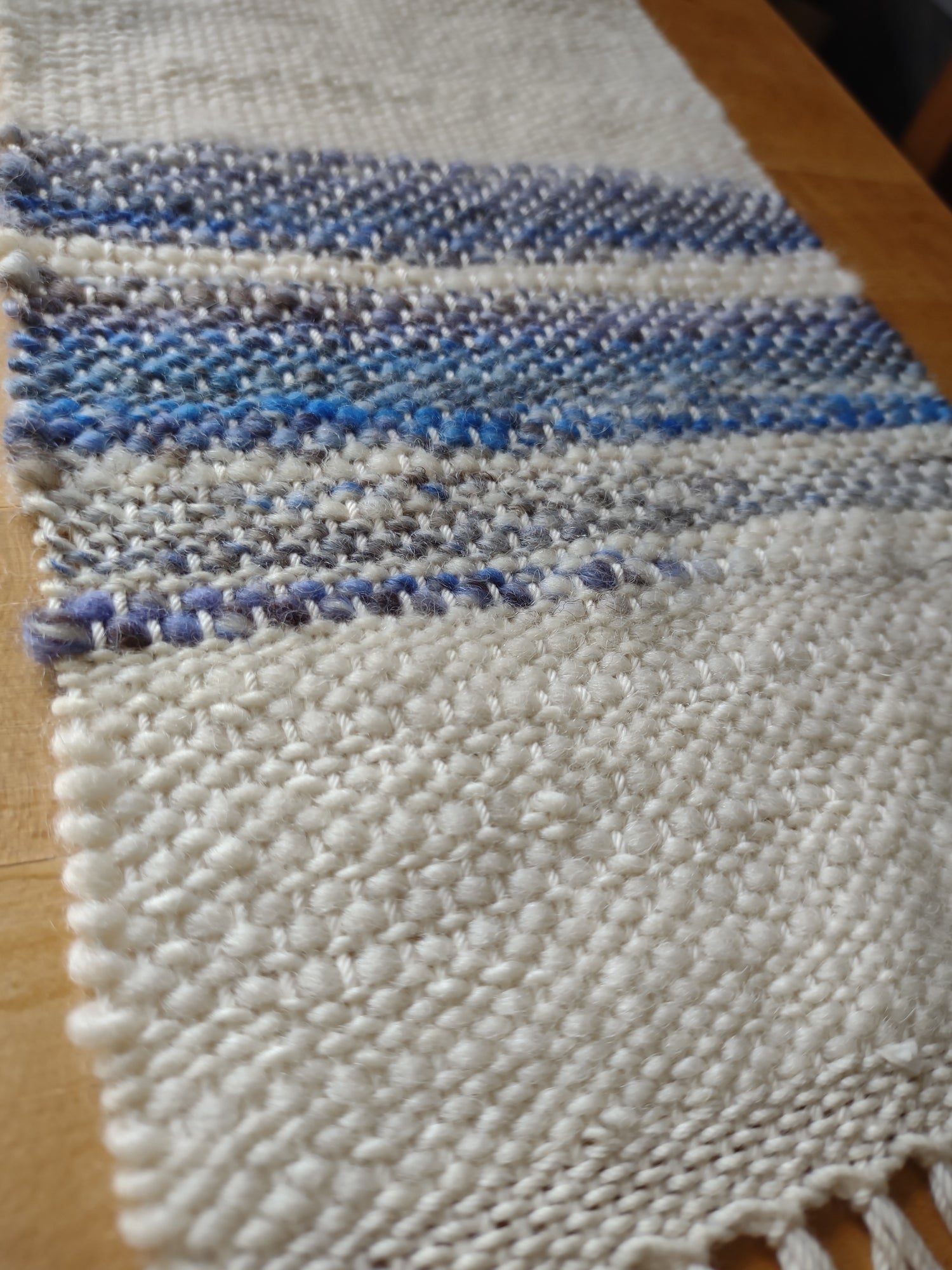 Handwoven altar cloth with handspun wool, cream, blue, lavender 