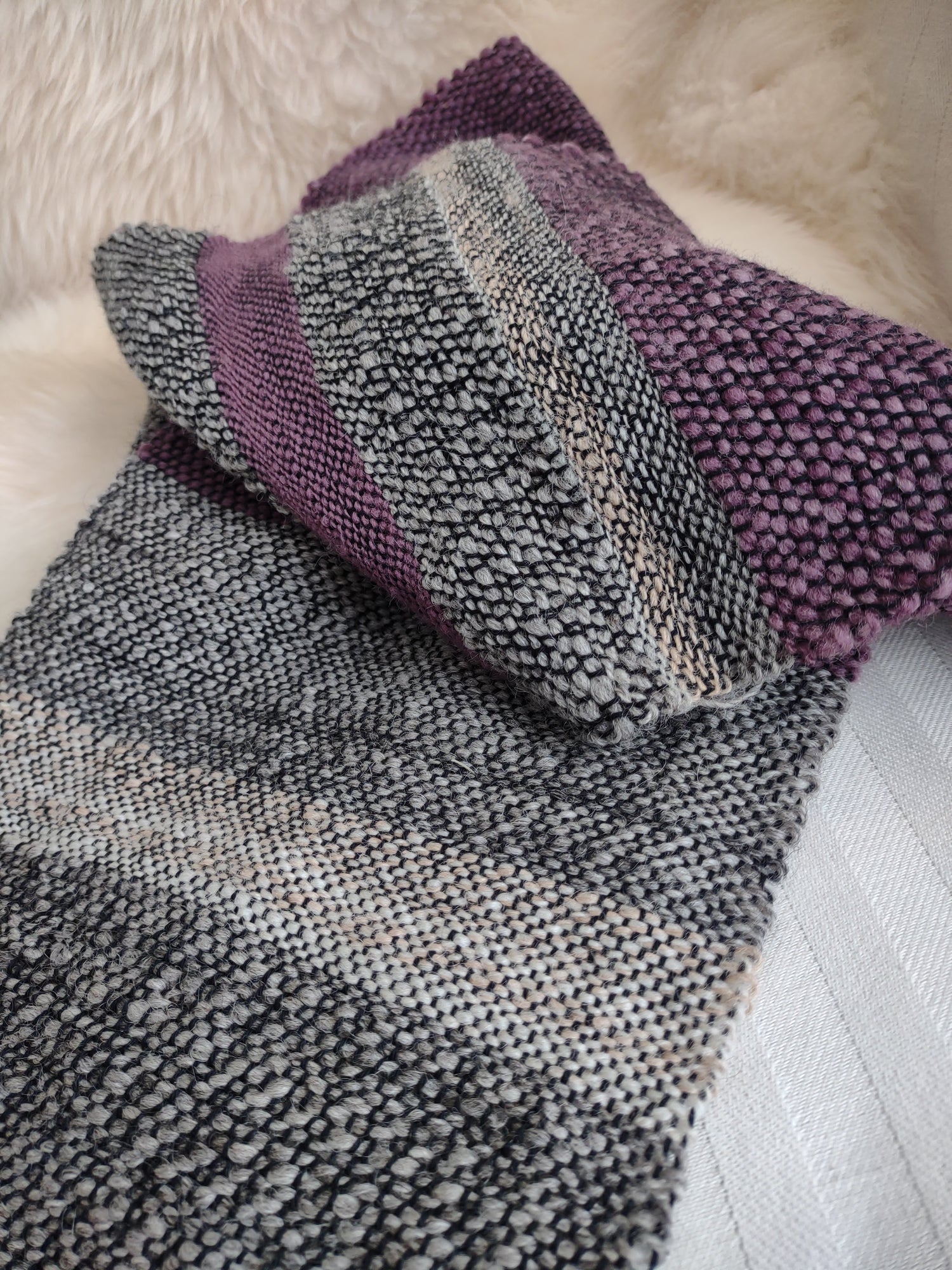 Handspun yarn, handwoven scarf with Merino, Corriedale and alpaca