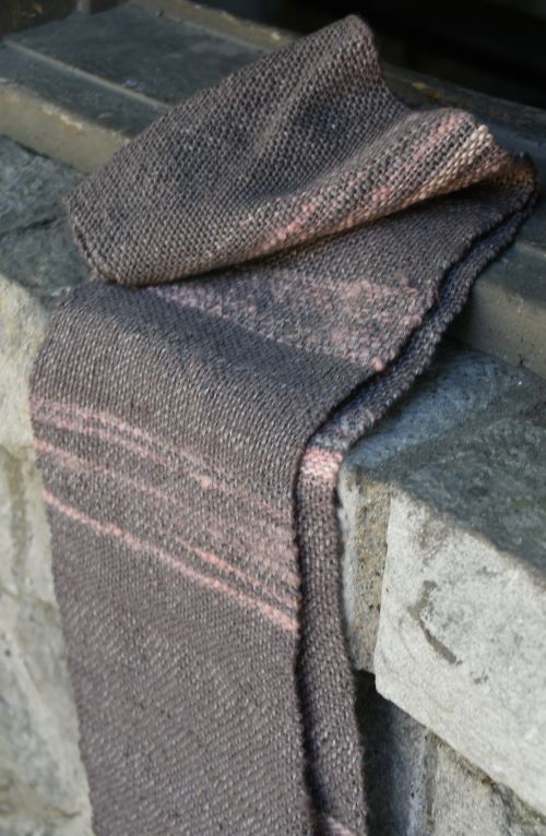 Cozy handwoven scarf features soft merino wool in subtle shades of pink, pewter and coral. Handspun yarn.