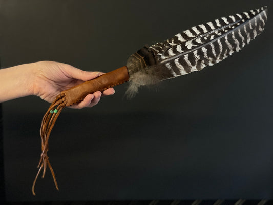 Hand crafted feather fan for ritual work, smudging, smoke clearing and healing; beautiful Turkey wing feathers, leather, glass beads