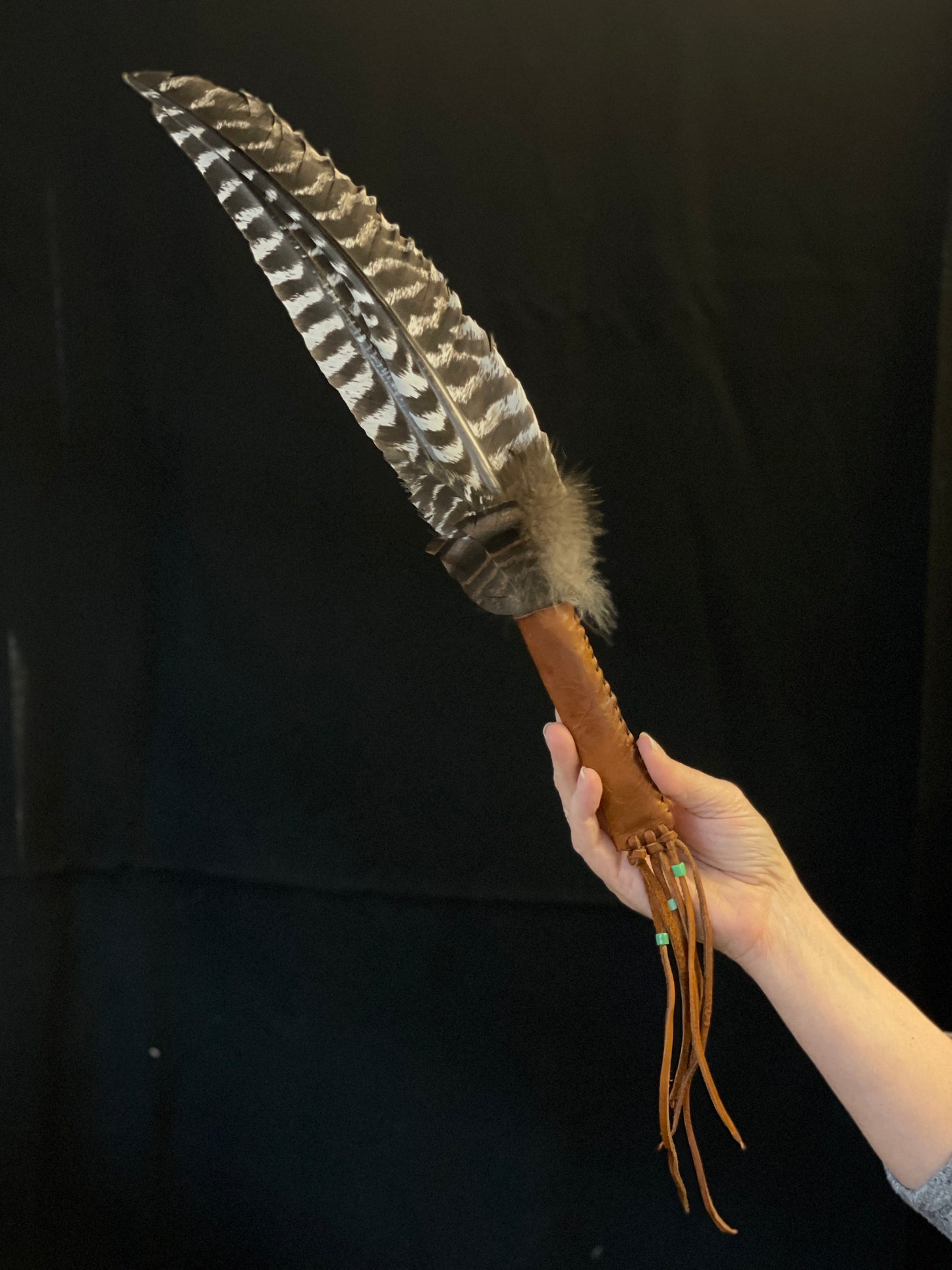 Hand crafted feather fan for ritual work, smudging, smoke clearing and healing; beautiful Turkey wing feathers, leather, glass beads