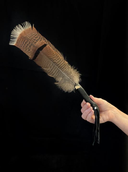 Handcrafted feather fan for smudging, blessing and other spiritual healing; deer hide and turkey feathers, glass bead, deer bone