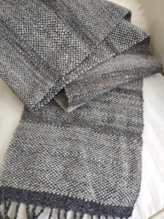 Handwoven scarf featuring handspun Merino wool with a bit of silk 