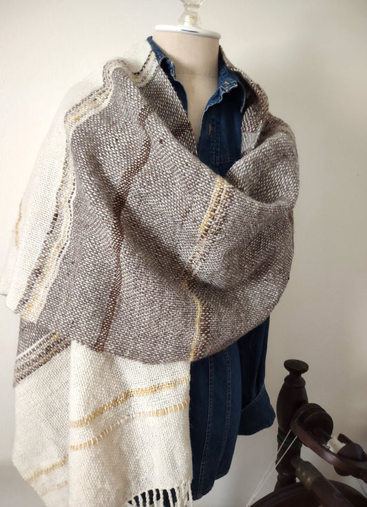 Handwoven wool shawl - natural colors - handpun wool