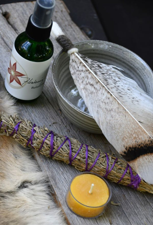 Smudge kit with sage, candle, feather, balancing spray and handmade bowl