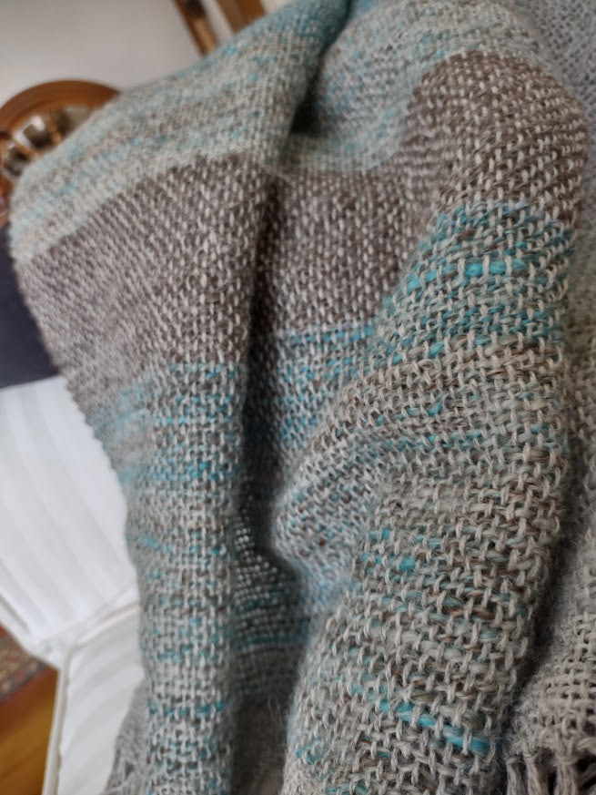 Handwoven lap blanket or wrap, from handspun wool yarns in pewter, grey and turquoise colors