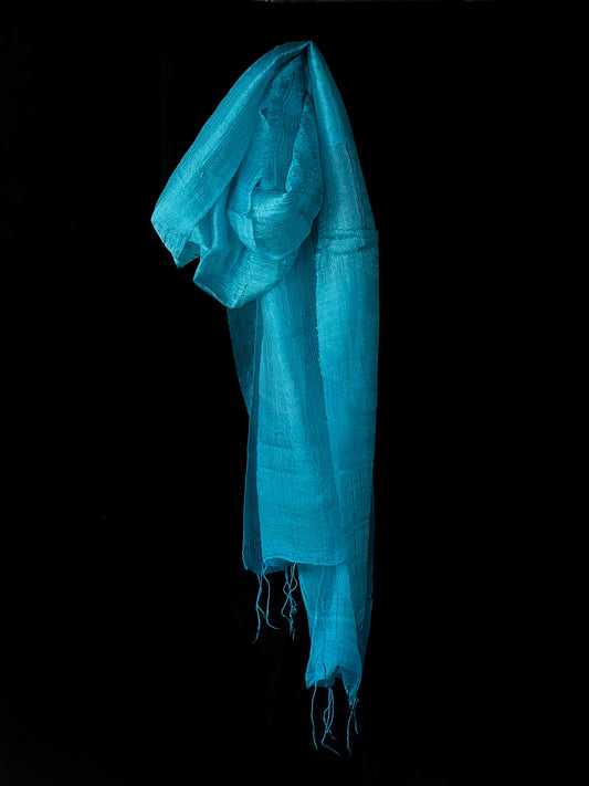 Thai silk scarf in rich turquoise blue shades, hand made and hand dyed.