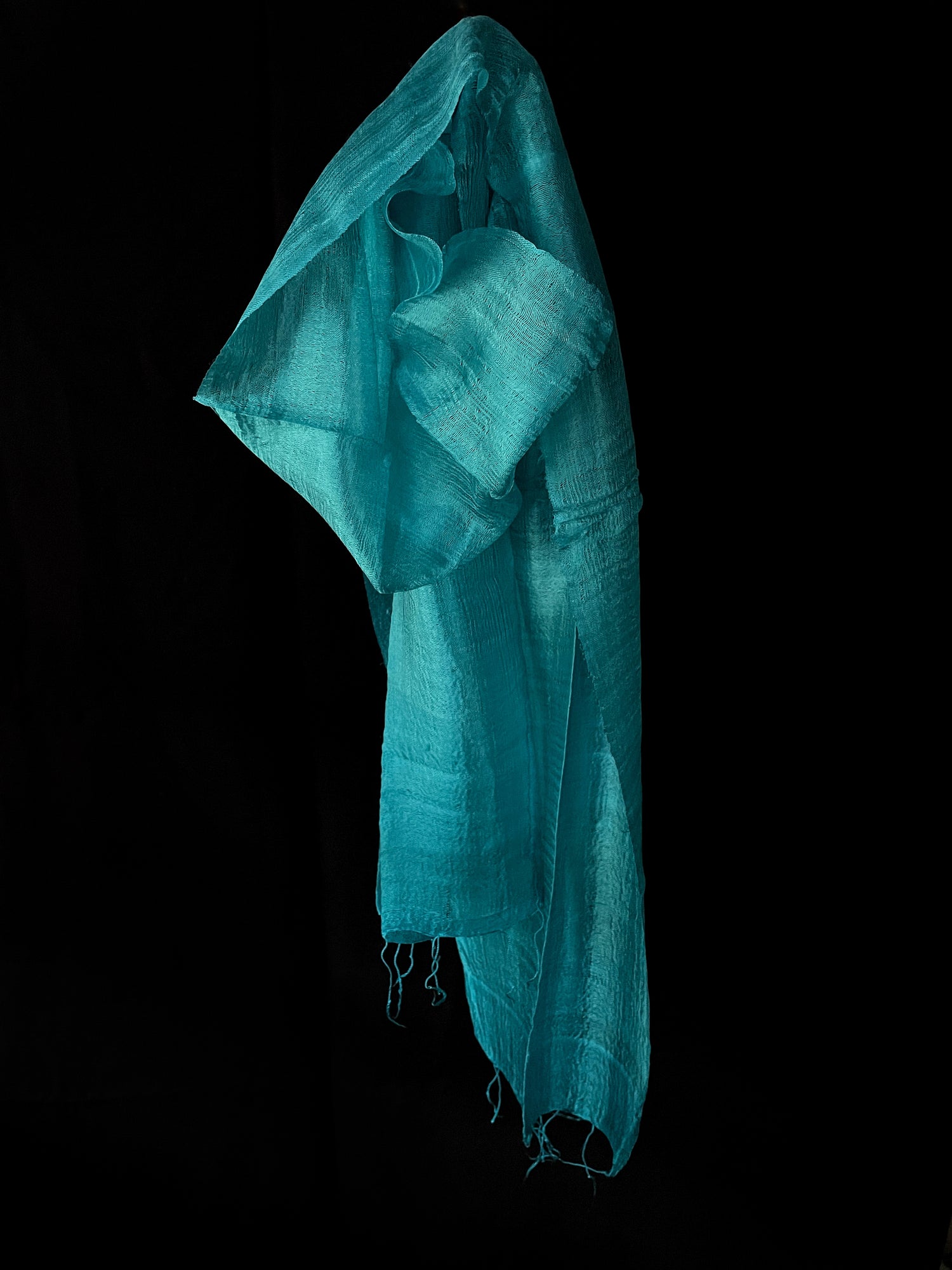 Thai silk scarf in rich turquoise blue shades, hand made and hand dyed.