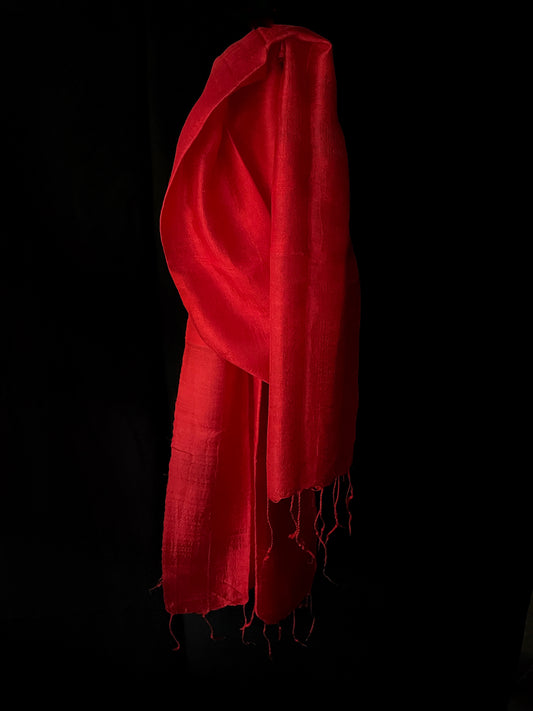 Thai silk scarf in rich red shades, hand made and hand dyed.
